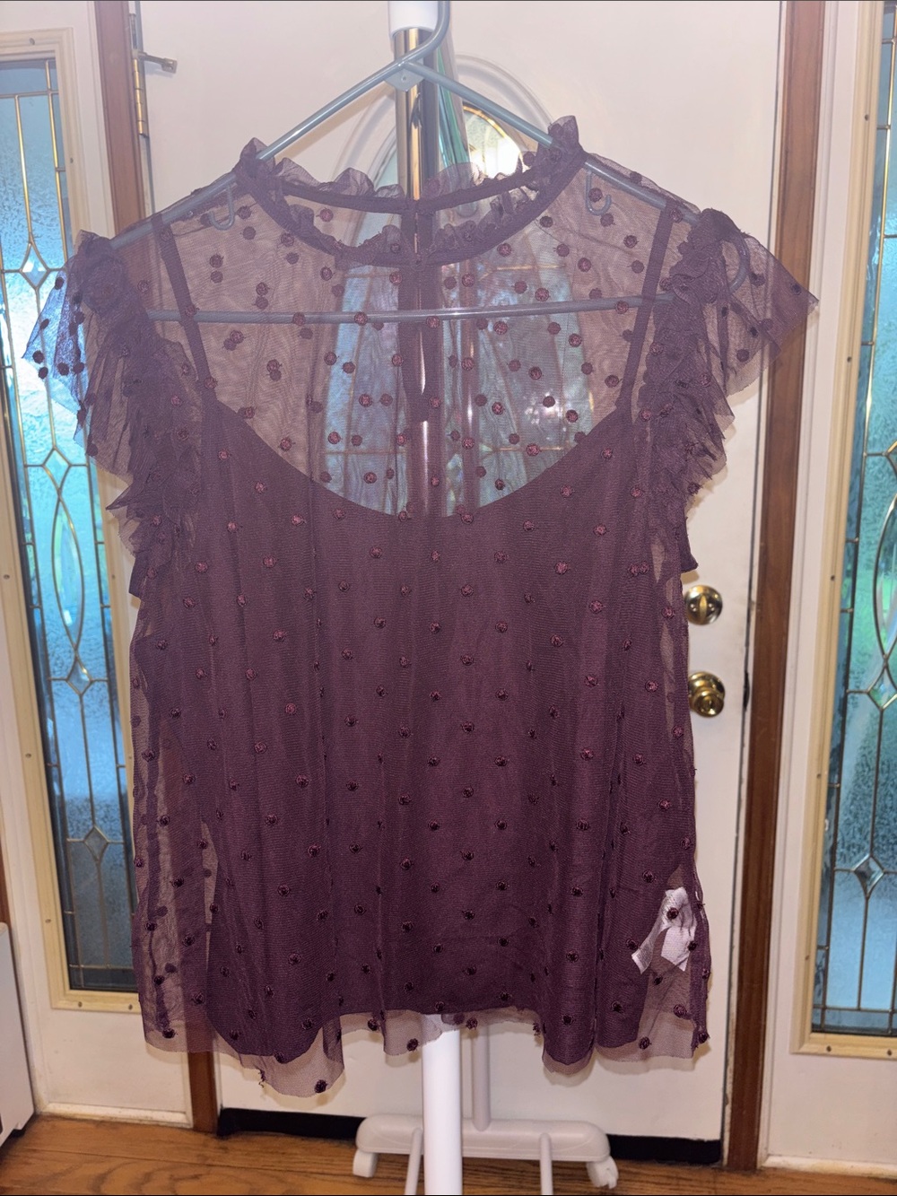 Women's Sheer Dot Flutter Sleeve Top - Plum